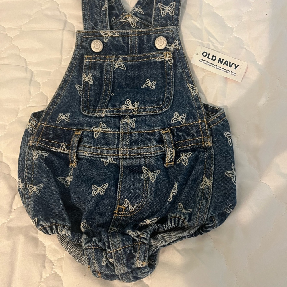 Old Navy Blue Denim Baby Overalls with Butterfly Design